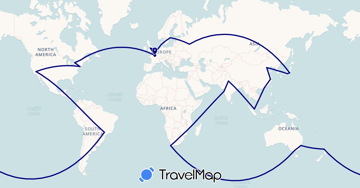 TravelMap itinerary: driving in Australia, Brazil, Canada, China, Denmark, France, United Kingdom, India, Japan, South Korea, Netherlands, New Zealand, Russia, Sweden, Singapore, United States, South Africa (Africa, Asia, Europe, North America, Oceania, South America)